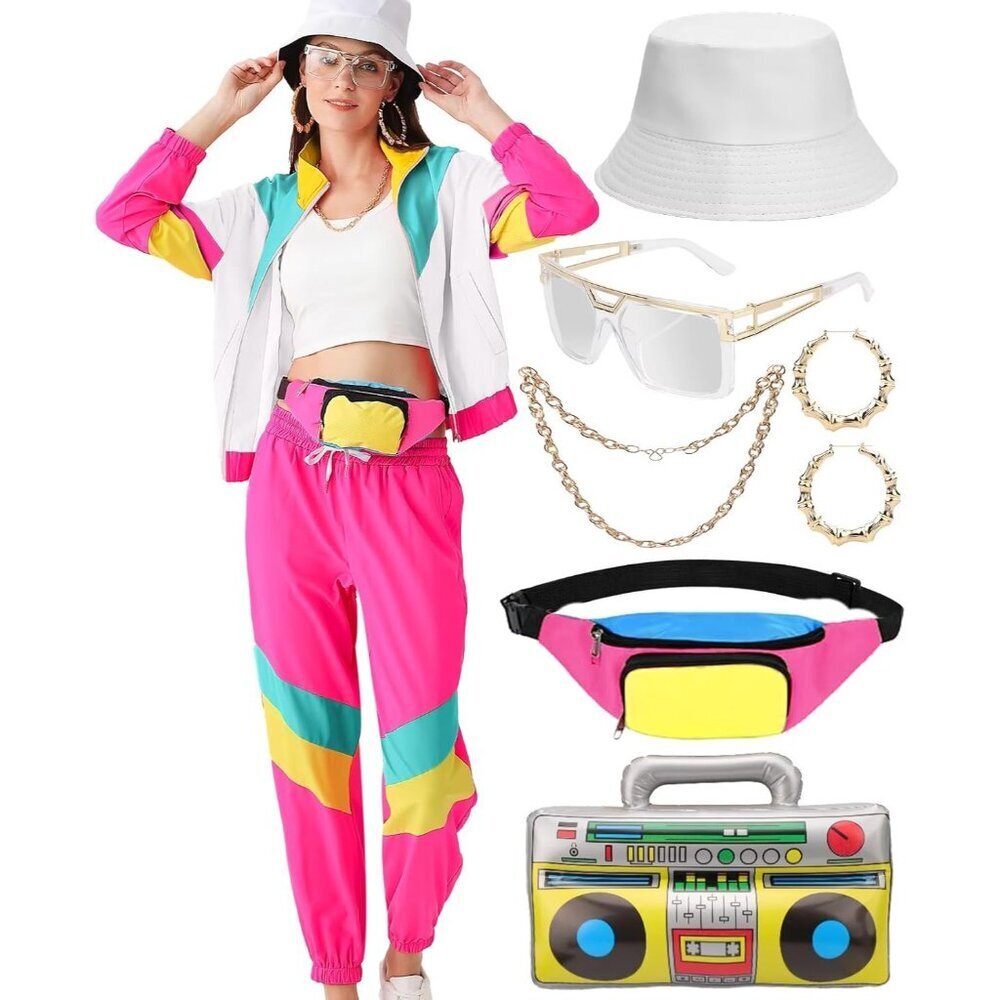 Women's 80s 90s Tracksuit Set Windbreaker Fanny Pack Costume Accessories